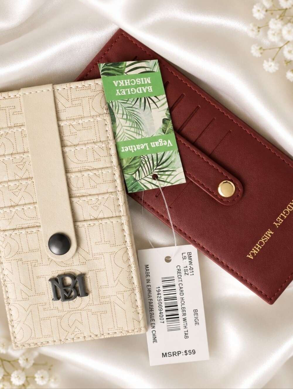 Badgley Mischka Beige and Burgundy Vegan Leather Card Holder Duo